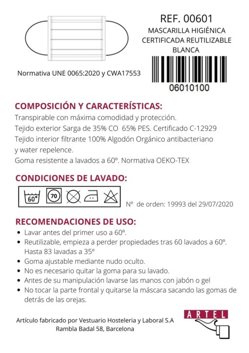 Mascarilla higienica reutilizable blanca Certificada - Imagen 2