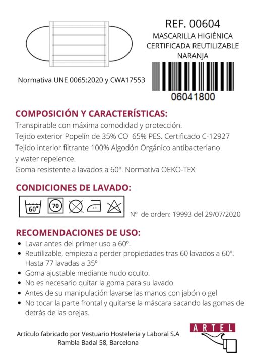 Mascarilla higiénica reutilizable naranja Certificada - Imagen 2