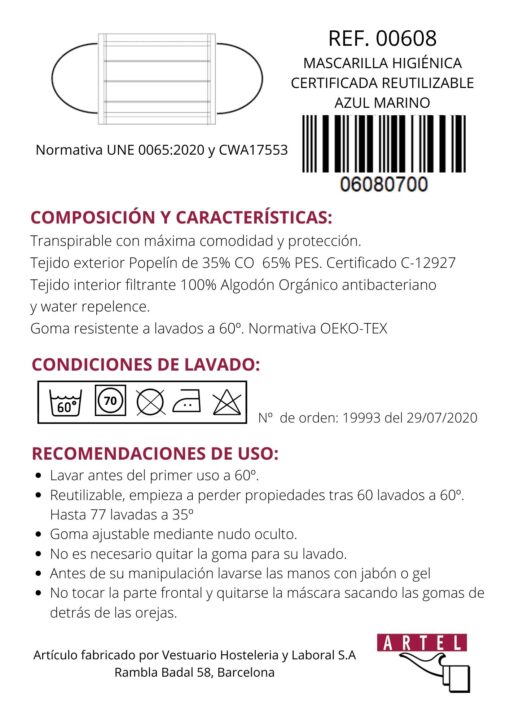 Mascarilla higienica reutilizable azul marino Certificada - Imagen 2