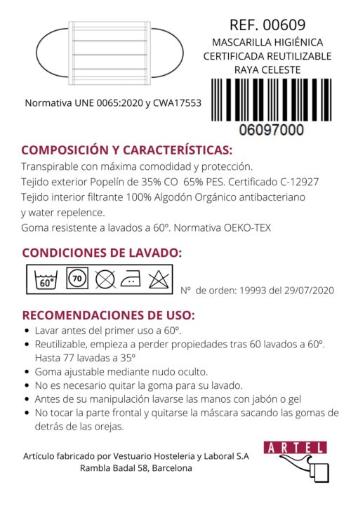 Mascarilla higiénica reutilizable raya blanco/celeste Certificada - Imagen 2