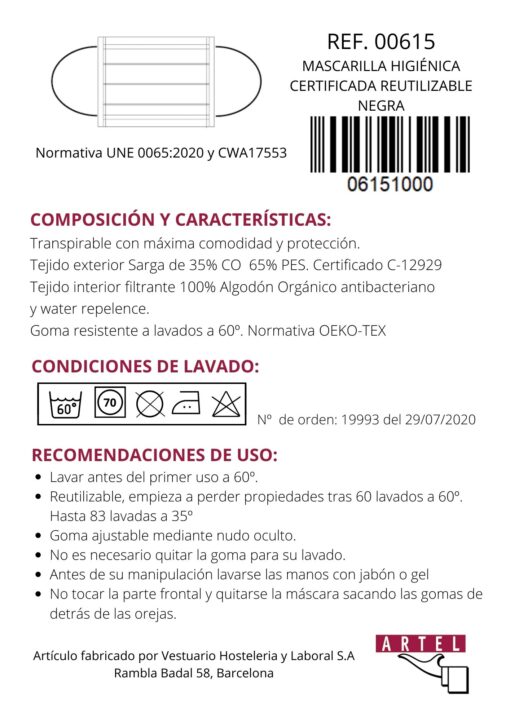 Mascarilla higiénica reutilizable negra Certificada - Imagen 2
