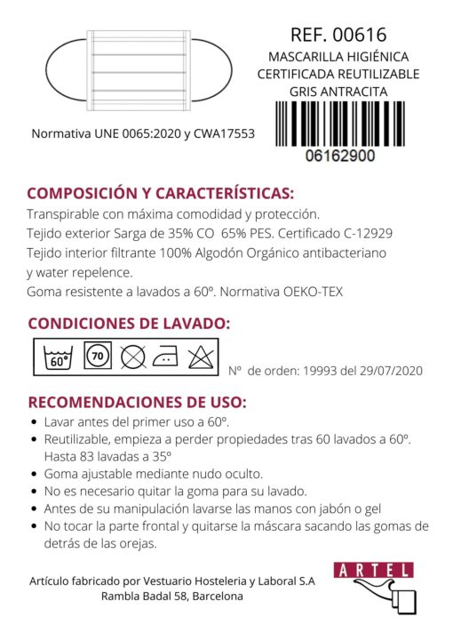 Mascarilla higiénica reutilizable gris antracita Certificada - Imagen 2