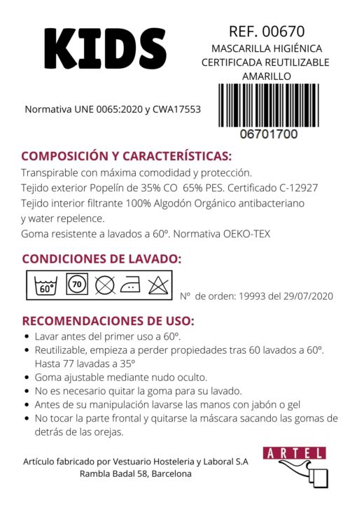 Mascarilla higiénica reutilizable infantil amarilla Certificada - Imagen 2