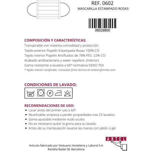Mascarilla higiénica reutilizable estampado rosas Certificada **AGOTADA** - Imagen 3