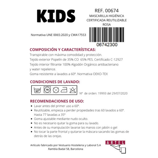 Mascarilla infantil higiénica reutilizable Rosa Certificada - Imagen 2