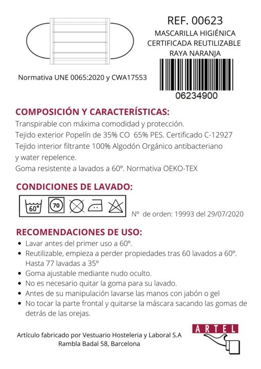 Mascarilla higiénica reutilizable raya naranja Certificada - Imagen 3