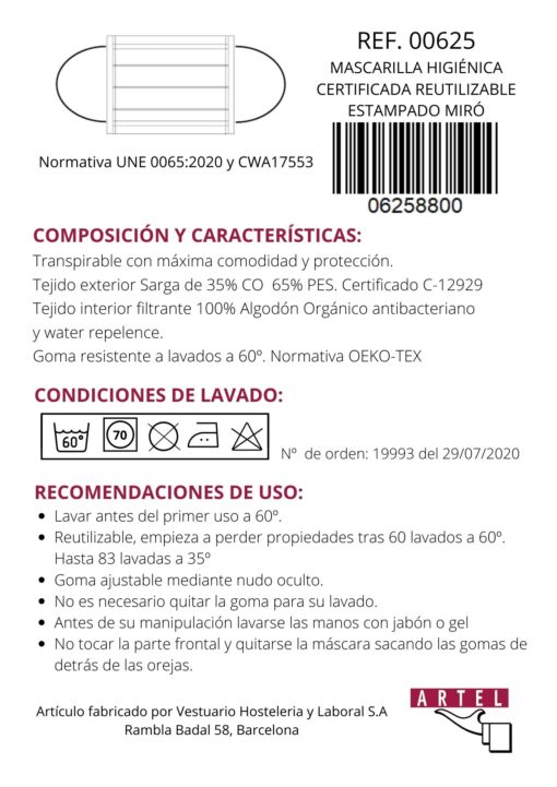 Mascarilla higiénica reutilizable estampado miró - Imagen 3