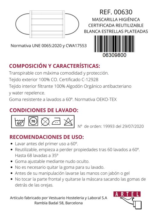 Mascarilla Higiénica reutilizable blanca estrella gris certificada - Imagen 3