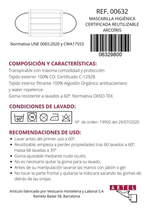 Mascarilla Higiénica reutilizable arco iris certificada - Imagen 3