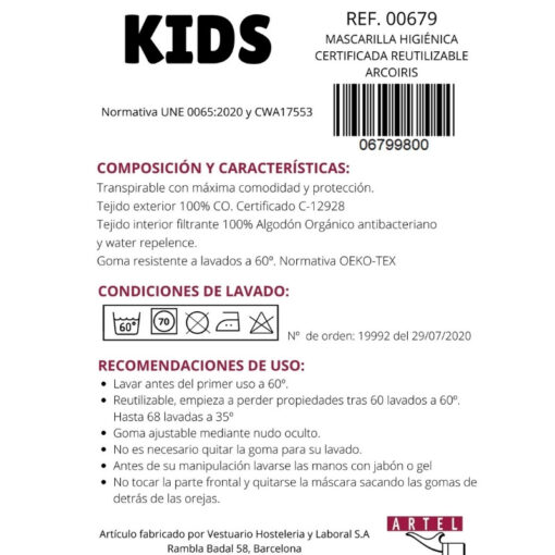 Mascarilla higiénica reutilizable infantil arco iris certificada - Imagen 3