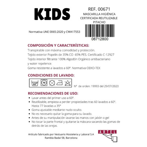 Mascarilla infantil higiénica reutilizable pistacho Certificada - Imagen 2