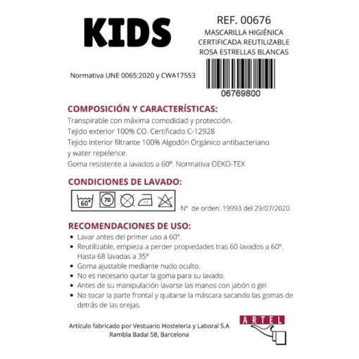 Mascarilla Higiénica reutilizable infantil rosa estrella blanca certificada - Imagen 2